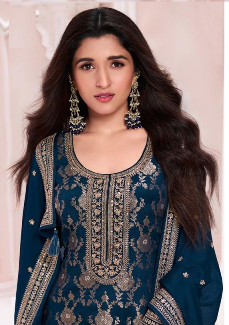Blue Sequin Embroidered Jacquard Kurta Set