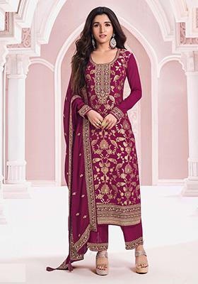 Wine Sequin Embroidered Jacquard Kurta Set