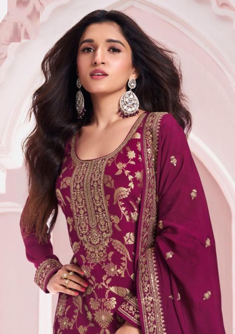 Wine Sequin Embroidered Jacquard Kurta Set