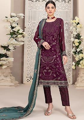 Wine Sequin Embroidered Georgette Kurta Set