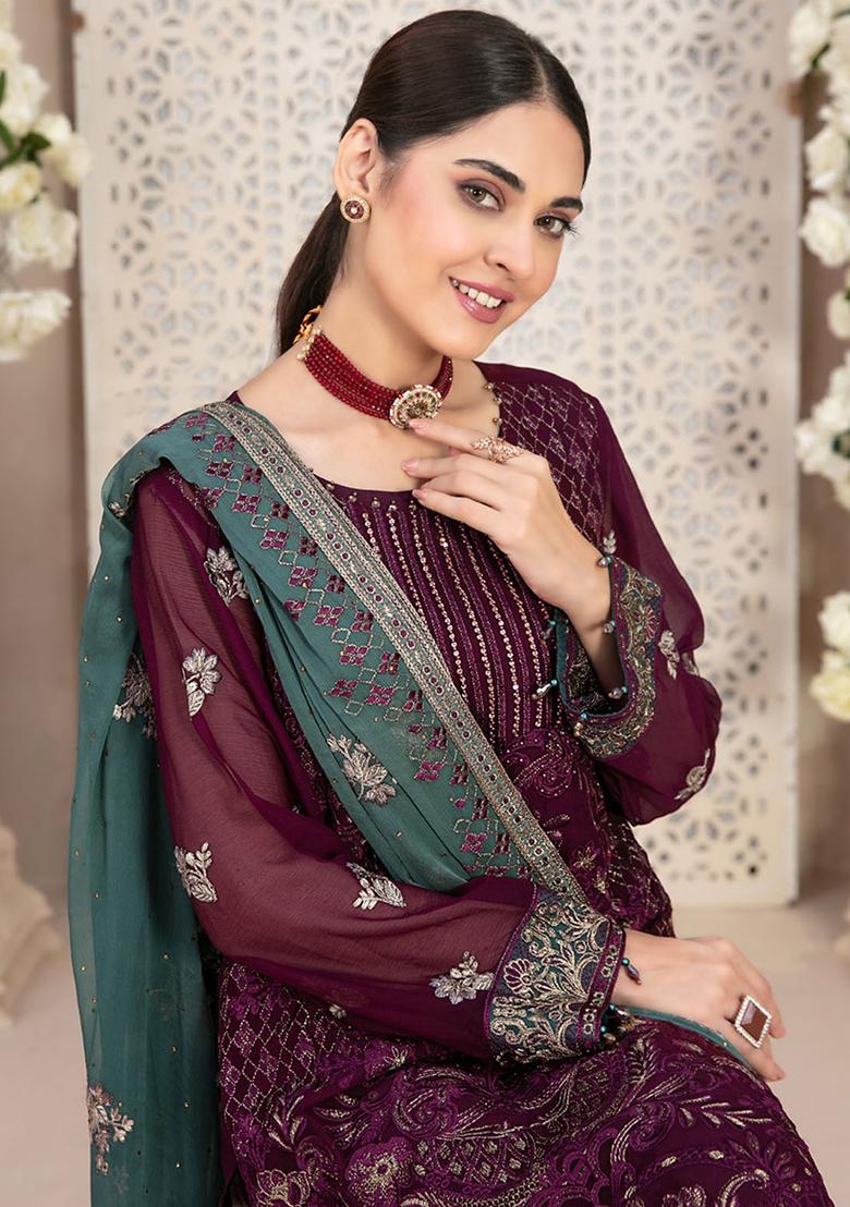 Wine Sequin Embroidered Georgette Kurta Set
