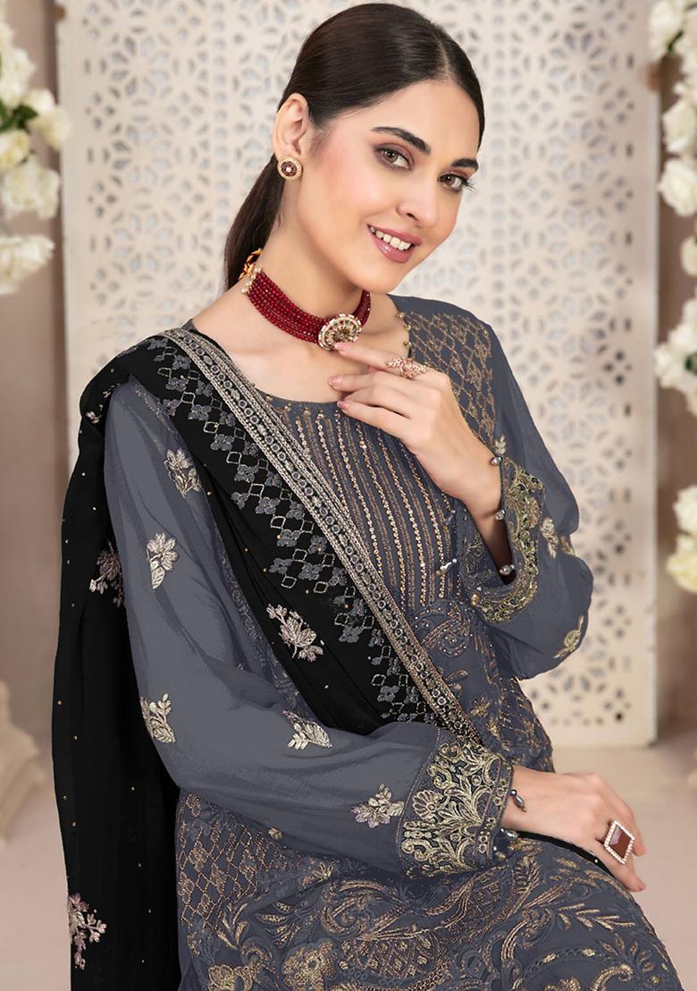 Grey Sequin Embroidered Georgette Kurta Set