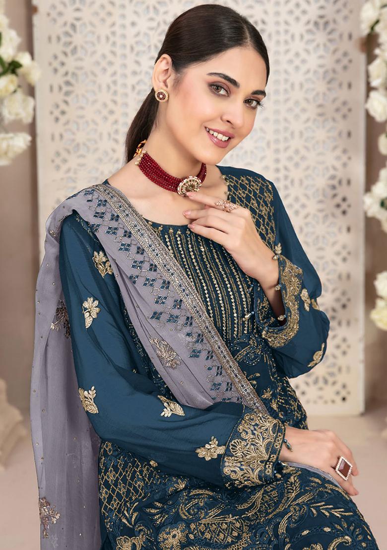 Maroon Sequin Embroidered Georgette Kurta Set