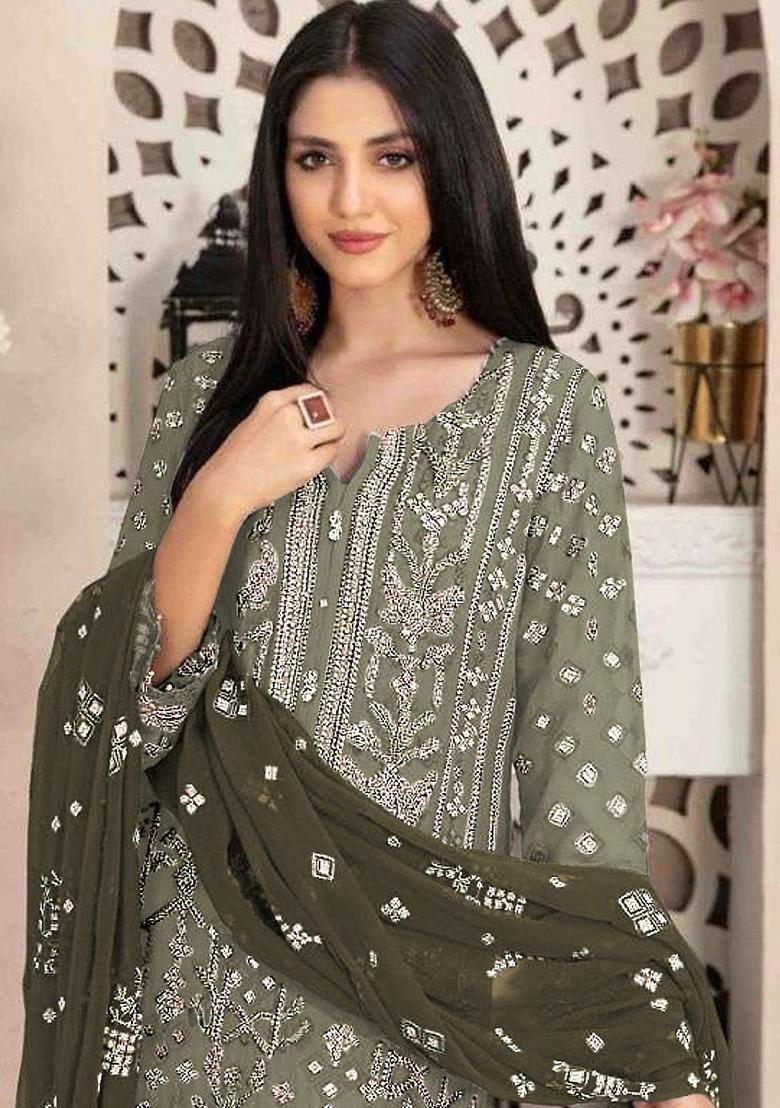 Green Sequin Embroidered Georgette Kurta Set