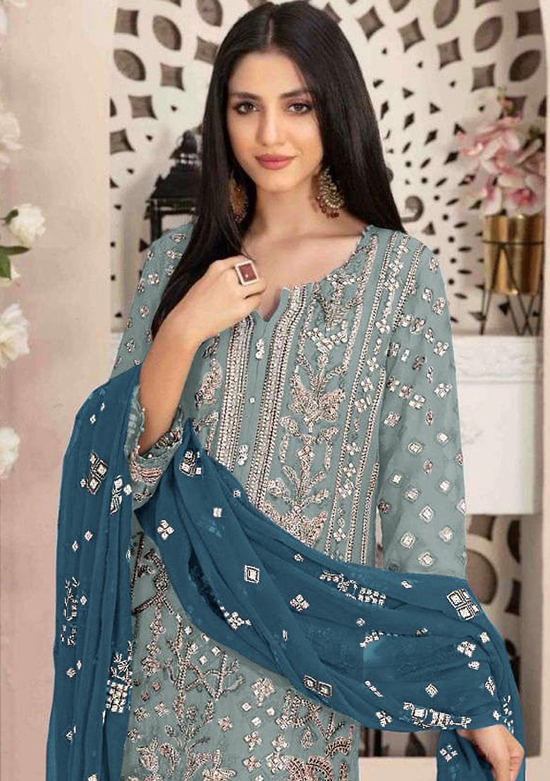 Sky Blue Sequin Embroidered Georgette Kurta Set