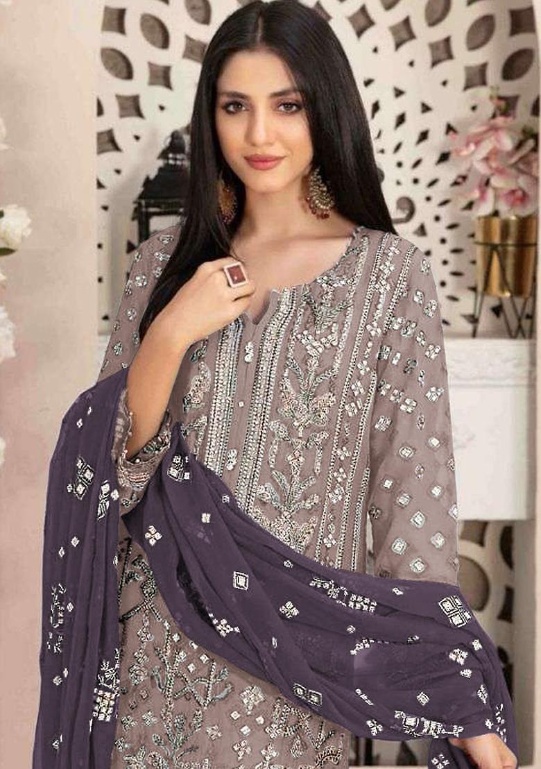 Beige Sequin Embroidered Georgette Kurta Set