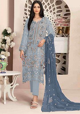Grey Sequin Embroidered Georgette Kurta Set