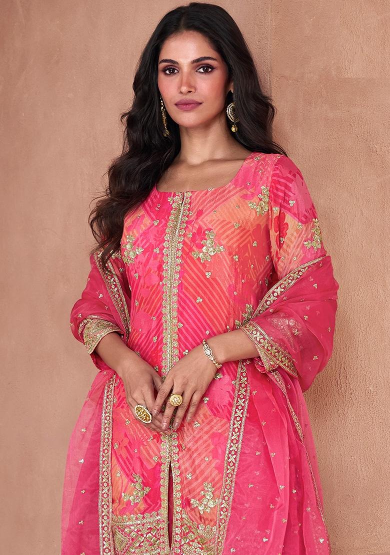 Orange Sequin Embroidered Georgette Sarara Set