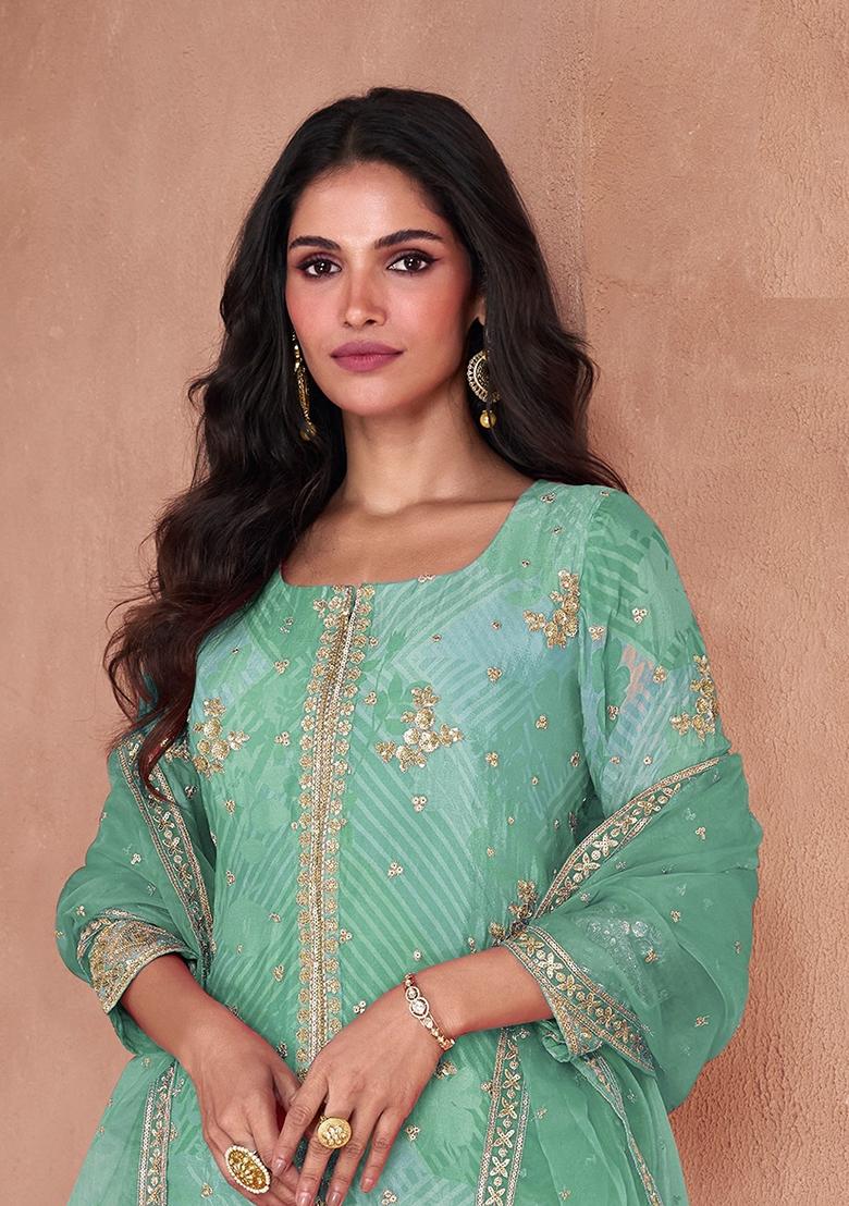 Light Green Sequin Embroidered Georgette Sarara Set