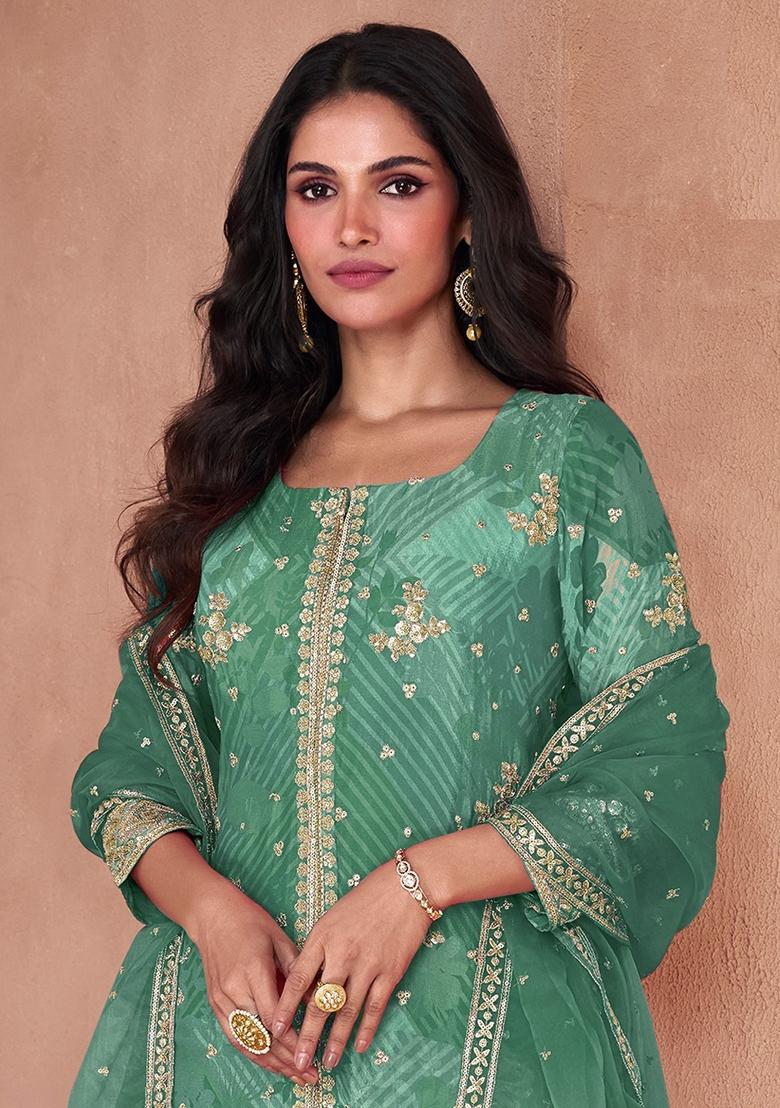 Green Sequin Embroidered Georgette Sarara Set