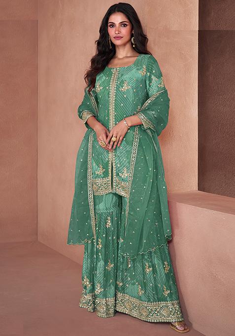 Green Sequin Embroidered Georgette Sarara Set