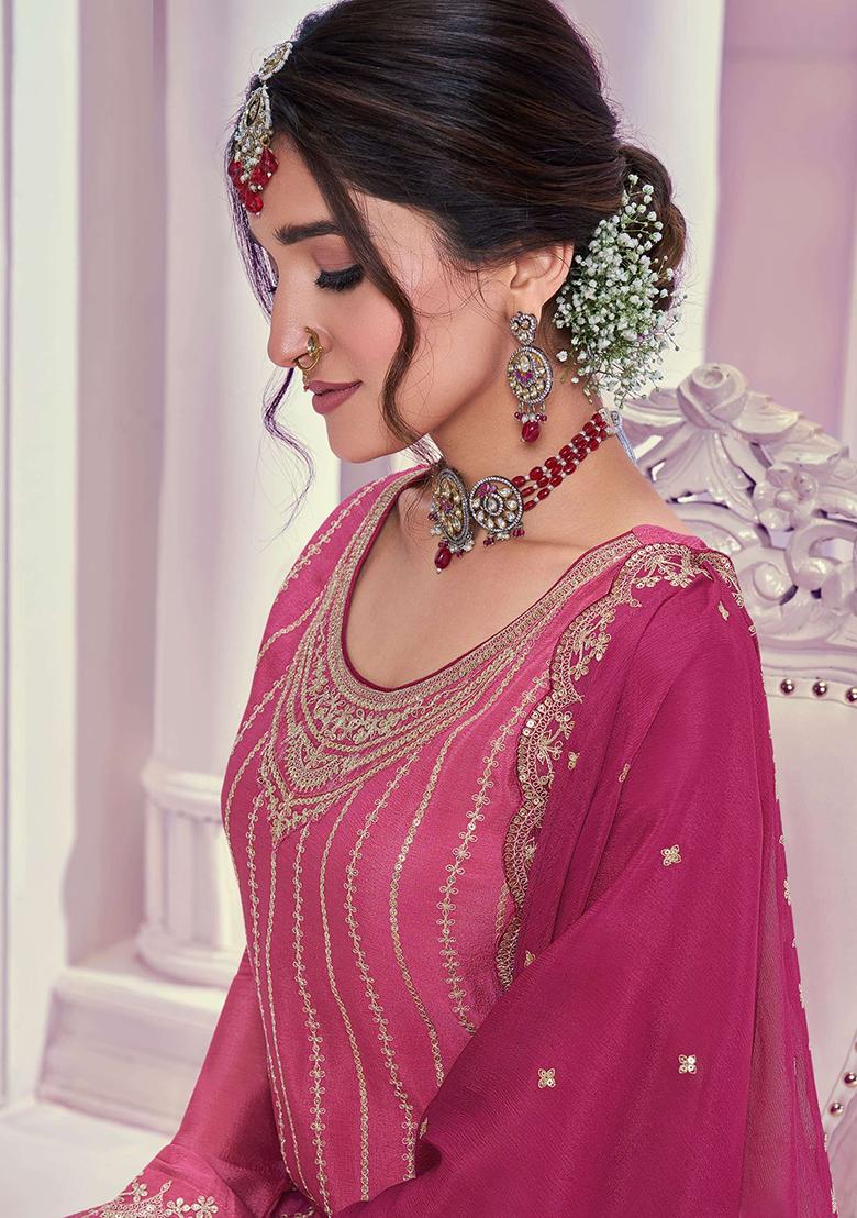 PINK Sequin Embroidered Chinon Kurta Set