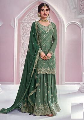 Green Sequin Embroidered Chinon Kurta Set