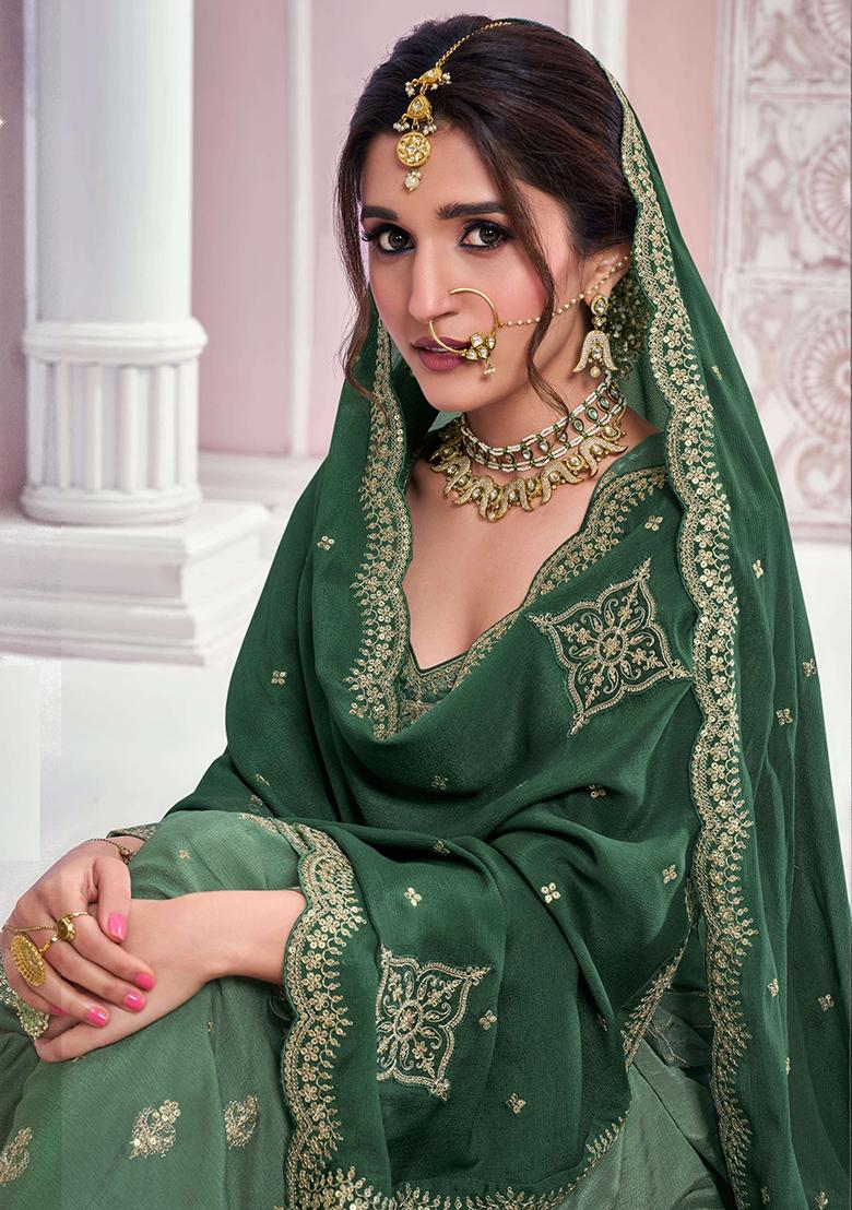 Green Sequin Embroidered Chinon Kurta Set