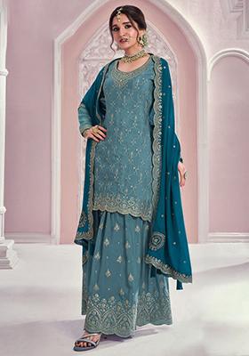 Sky Blue Sequin Embroidered Chinon Kurta Set
