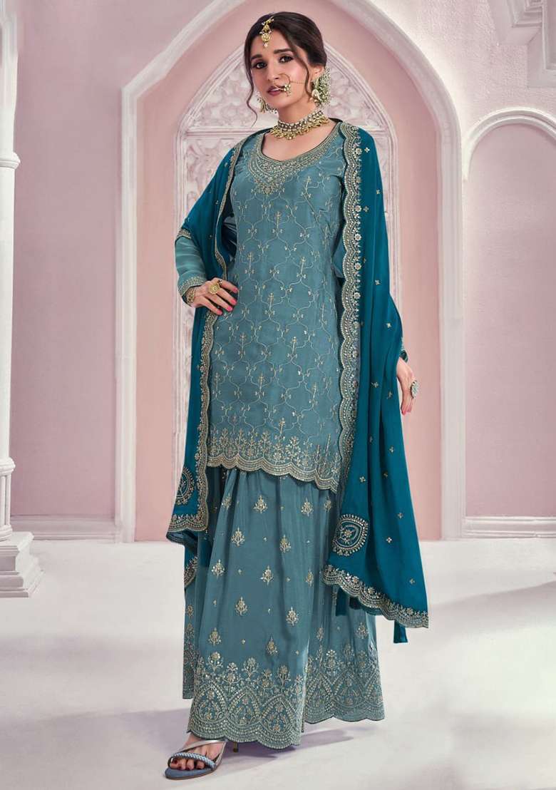 Sky Blue Embroidered Chinon Sharara Set - Indya