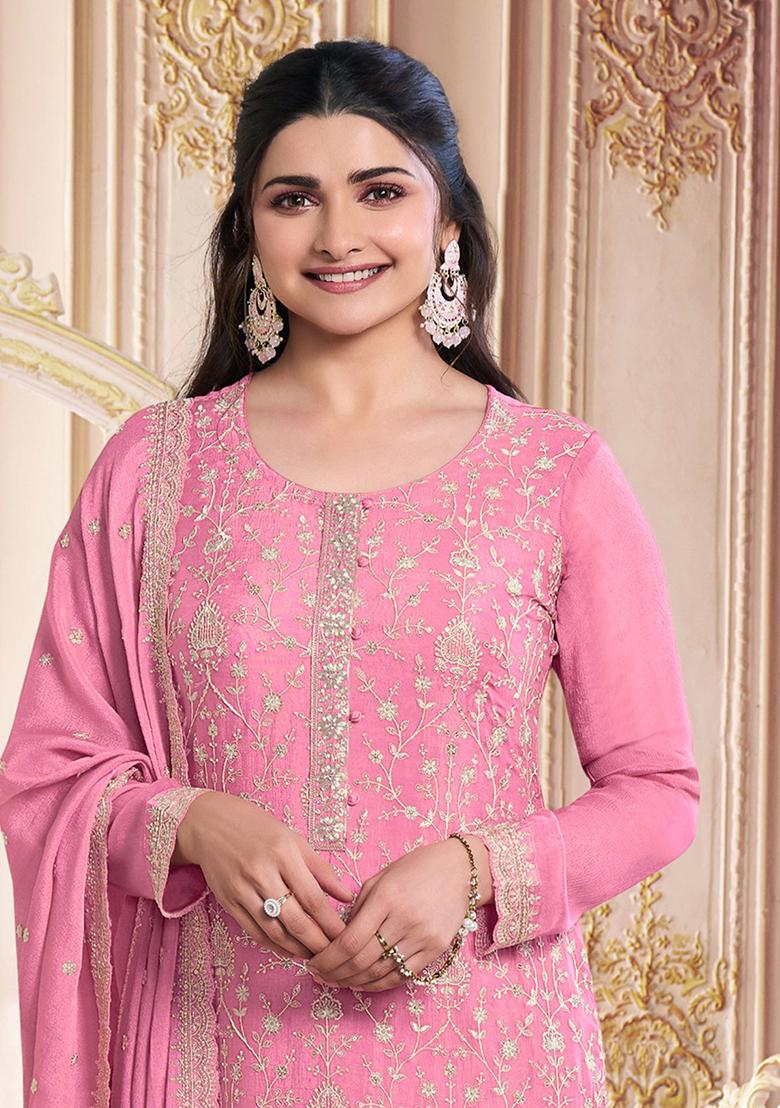 Orange Embroidered Georgette Kurta Set