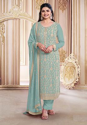 Green Embroidered Georgette Kurta Set