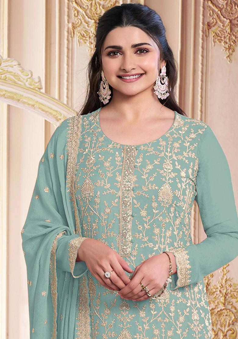 Green Embroidered Georgette Kurta Set