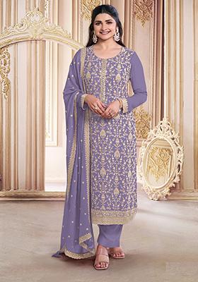 Purple Embroidered Georgette Kurta Set