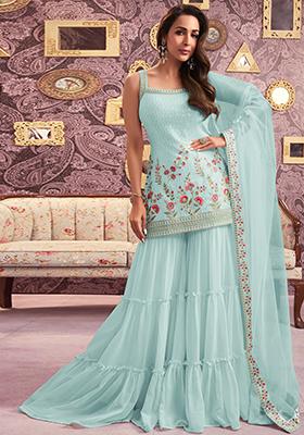 Sky Blue Sequin Embroidered Georgette Kurta Set
