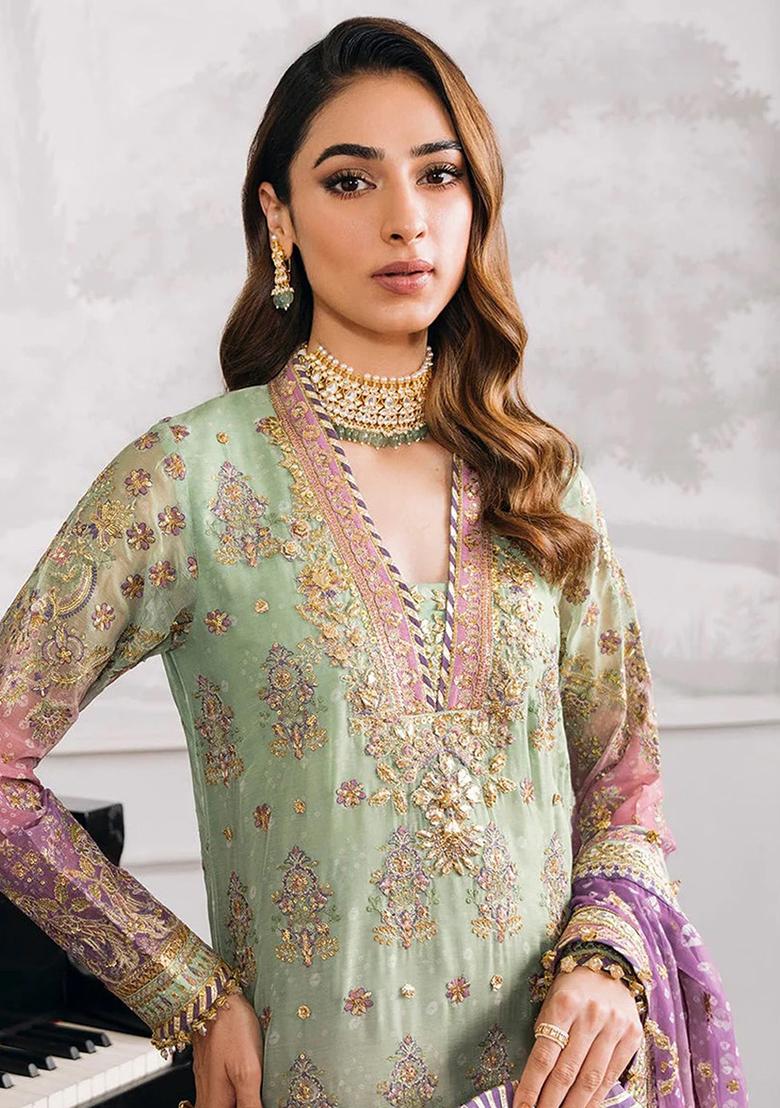 Green Sequin Embroidered Georgette Kurta Set