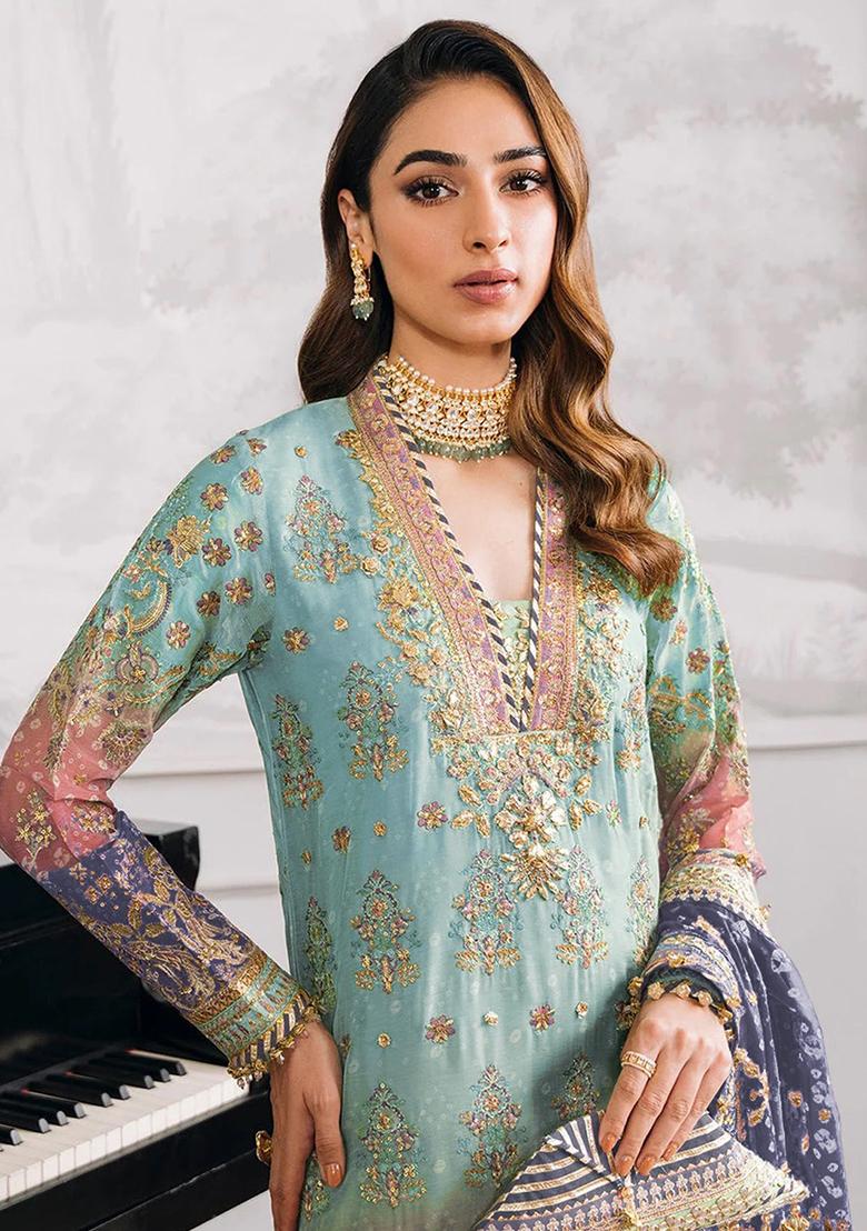 Sky Blue Sequin Embroidered Georgette Kurta Set