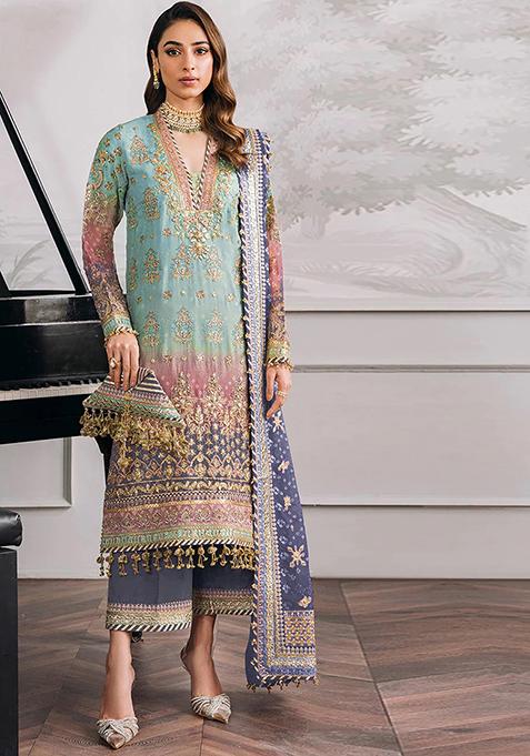 Sky Blue Sequin Embroidered Georgette Kurta Set