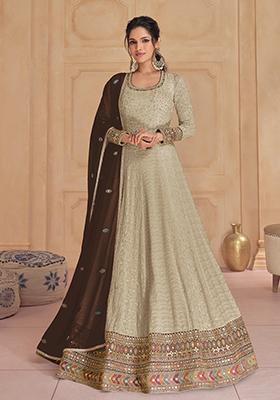 Beige Sequin Embroidered Georgette Gown Set