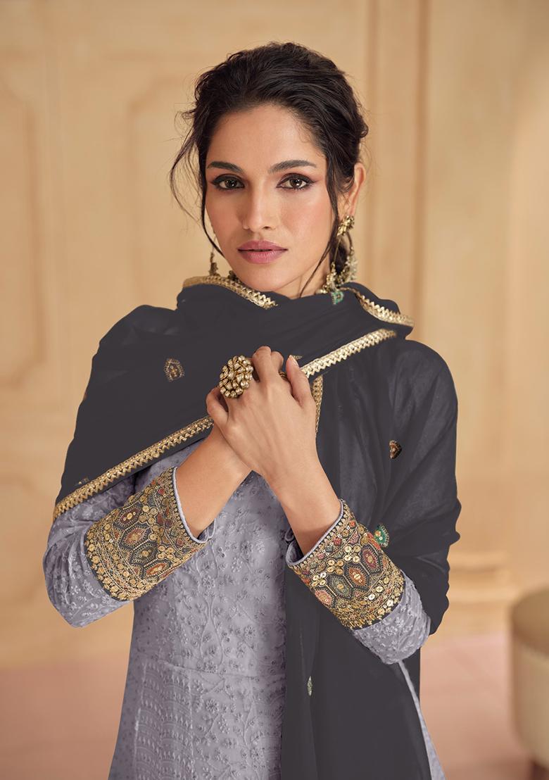 Grey Sequin Embroidered Georgette Gown Set