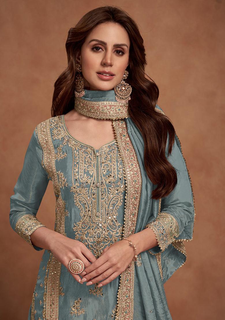 Grey Sequin Embroidered Silk Kurta Set