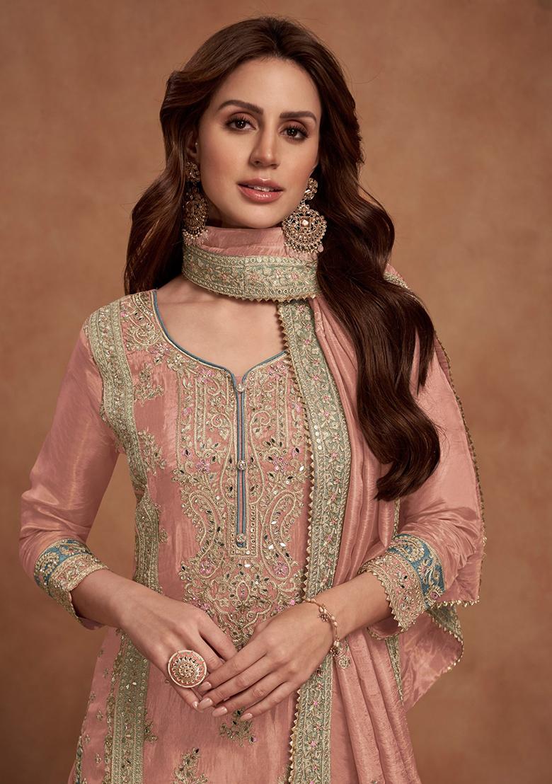 Orange Sequin Embroidered Silk Kurta Set