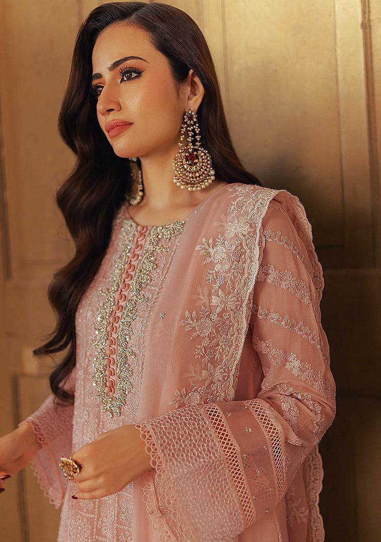 Orange Sequin Embroidered Georgette Kurta Set