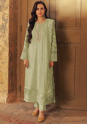 Green Sequin Embroidered Georgette Kurta Set