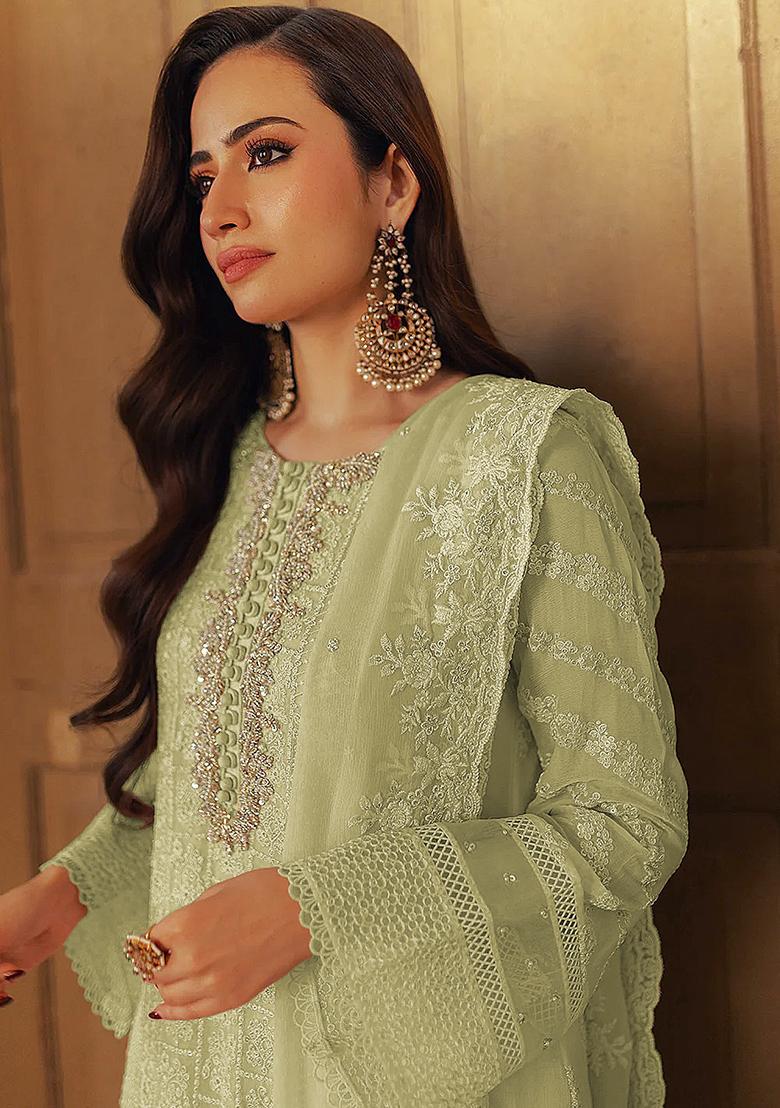 Green Sequin Embroidered Georgette Kurta Set
