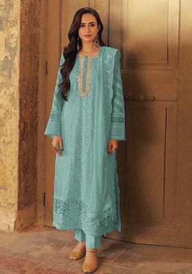 Sky Blue Sequin Embroidered Georgette Kurta Set