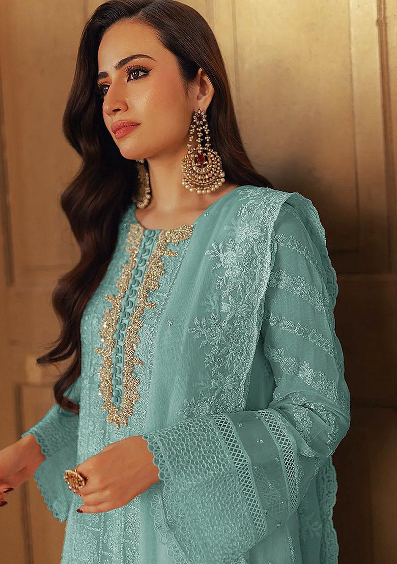 Sky Blue Sequin Embroidered Georgette Kurta Set
