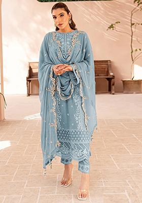 Sky Blue Sequin Embroidered Georgette Kurta Set