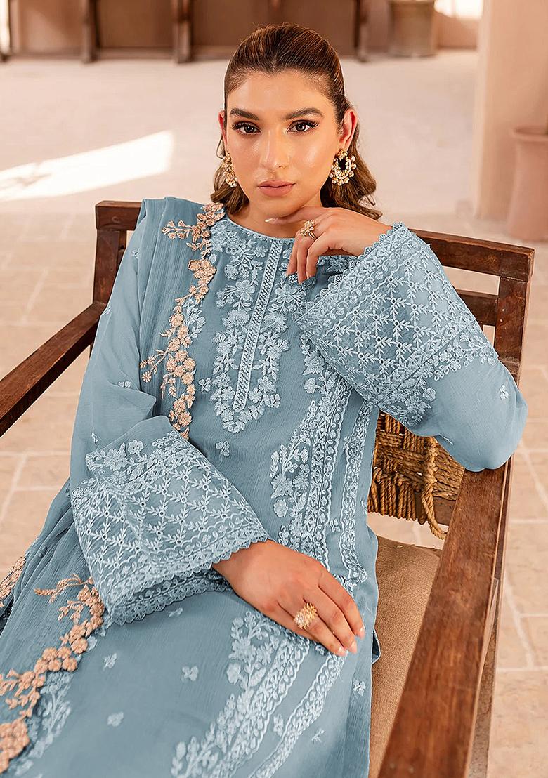 Sky Blue Sequin Embroidered Georgette Kurta Set