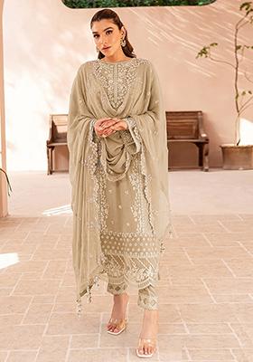 Cream Sequin Embroidered Georgette Kurta Set