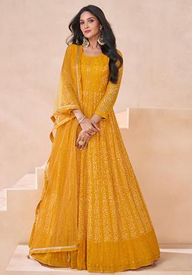 Yellow Sequin Embroidered Georgette Gown Set