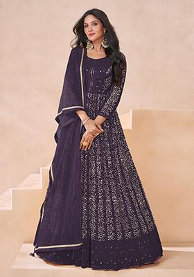 Wine Sequin Embroidered Georgette Gown Set