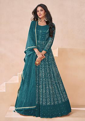 Aqua Blue Sequin Embroidered Georgette Gown Set