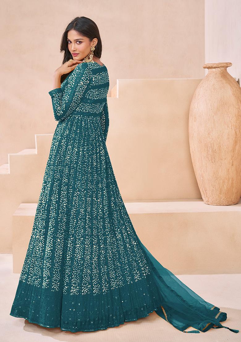 Aqua Blue Sequin Embroidered Georgette Gown Set