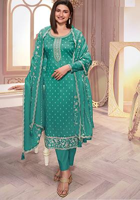 Teal Green Sequin Embroidered Silk Kurta Set