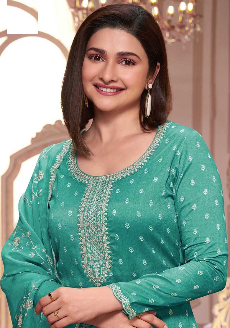 Teal Green Sequin Embroidered Silk Kurta Set