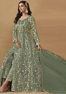 Pista Green Sequin Embroidered Net Gown Set