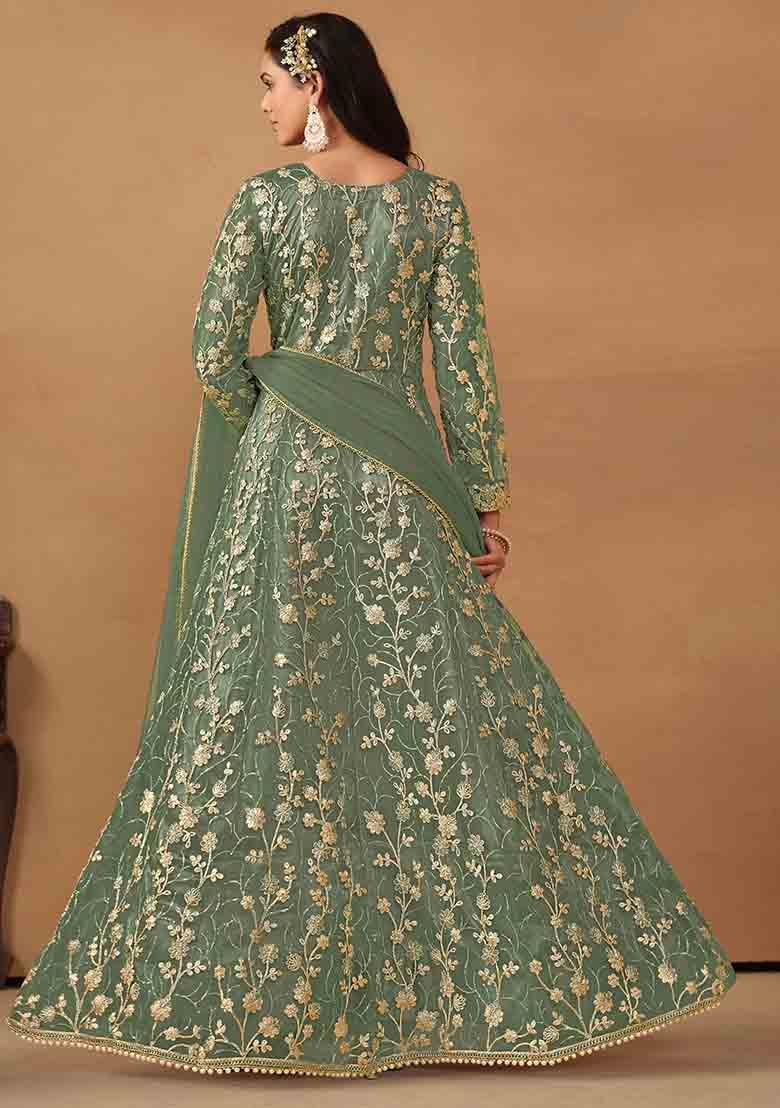 Pista Green Sequin Embroidered Net Gown Set