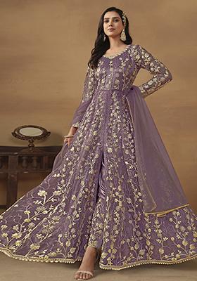 Purple Sequin Embroidered Net Gown Set