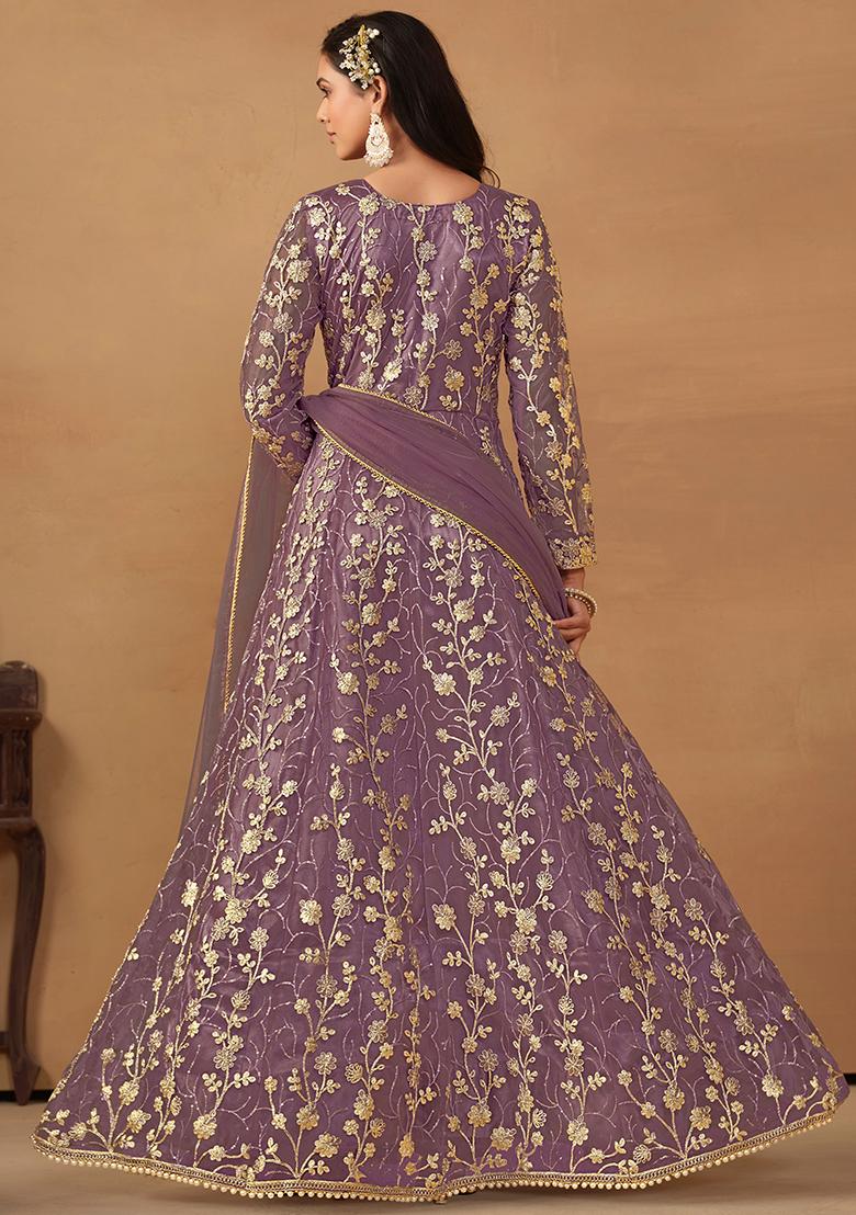 Purple Sequin Embroidered Net Gown Set